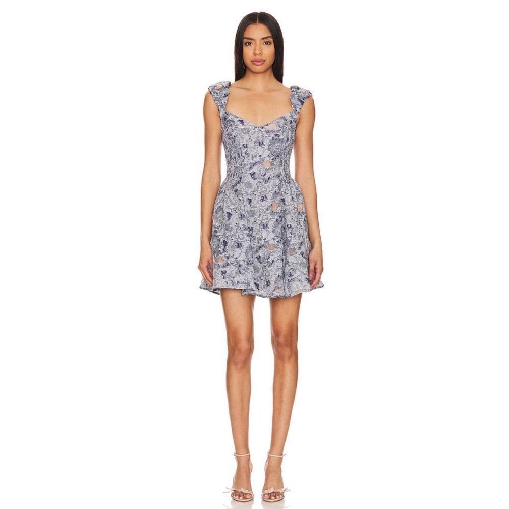 Elliatt Doves Dress Slate Blue Smocked Ruffle Mini Revolve Wedding Guest Small